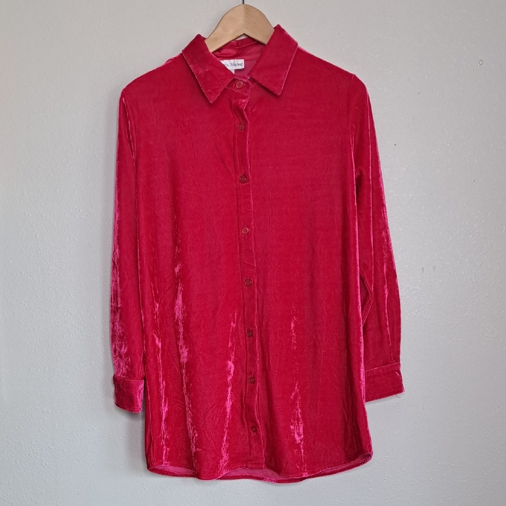 Rebecca Malone Fuchsia Pink Velvet Collared Button-up Tunic Blouse Long Slv S